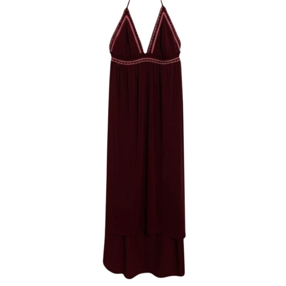 Express Burgundy Halter Maxi Dress with Pink Trim | Size Medium - Picture 2 of 14